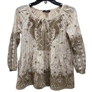 Johnny Was Womens Embroidered Top Beige Gold Stripe Peasant Peplum Boho XS‎